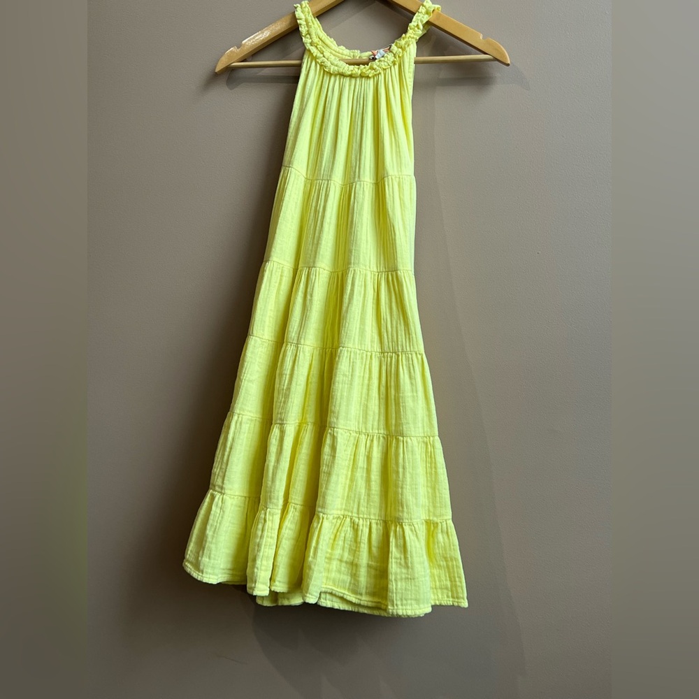 Elan Sunshine Yellow Cotton Tiered Halter Neck Dress W/ Ruffle Hem. Medium. - Picture 4 of 13